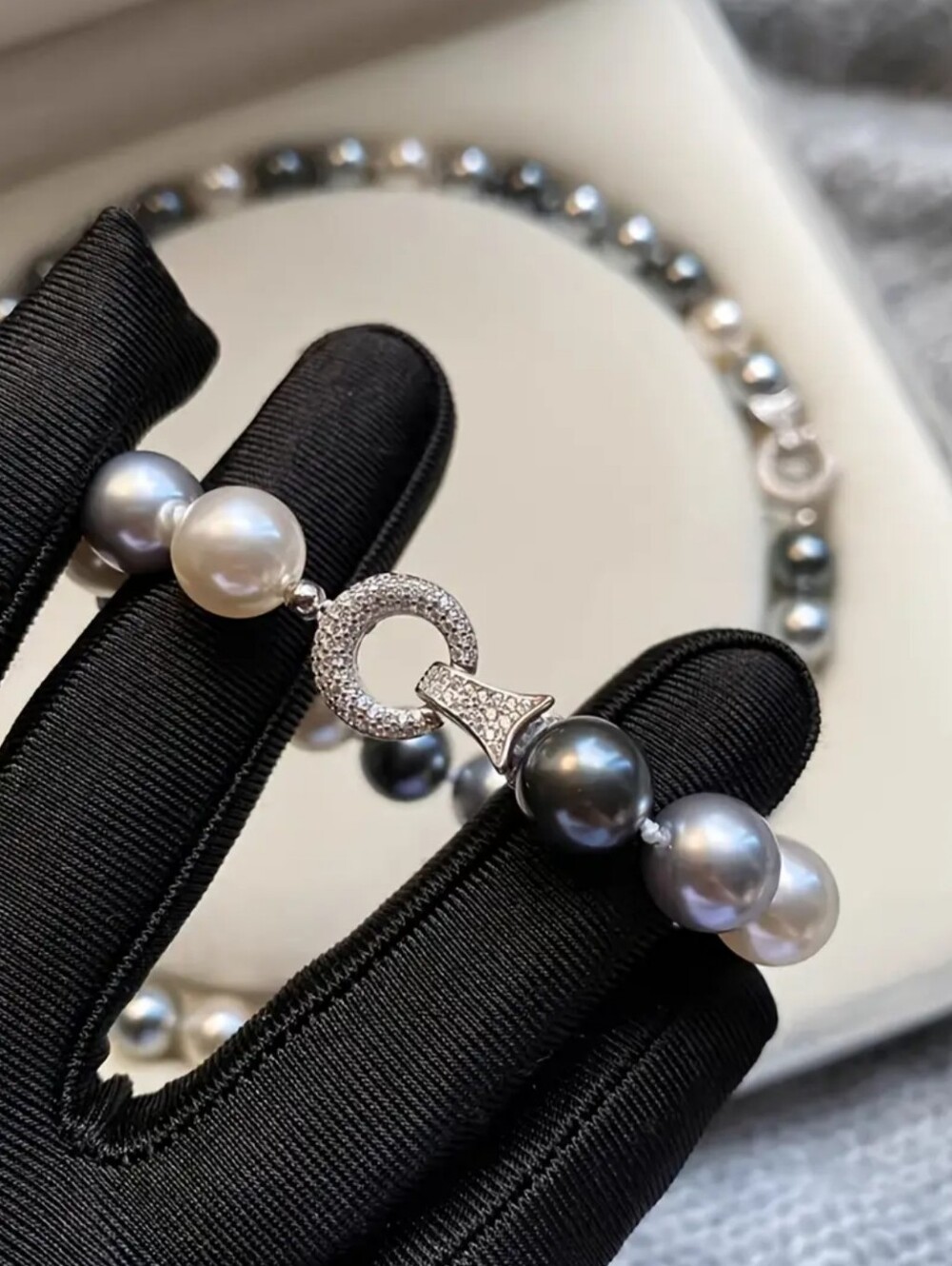 White Rhodium Pave Clasp Pearl Set